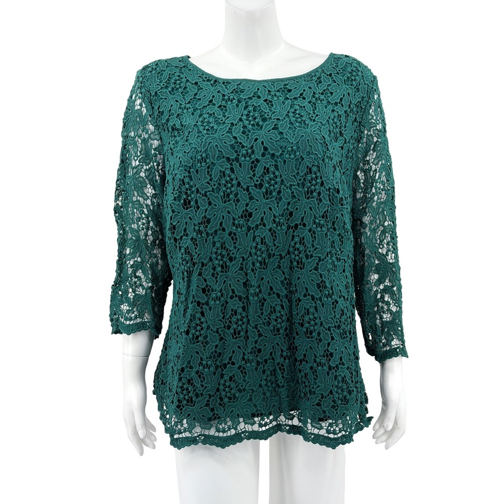 Talbots Top‎ Womens 20W Green Lace Floral 3/4 Sleeve Dainty Holiday Office Work
